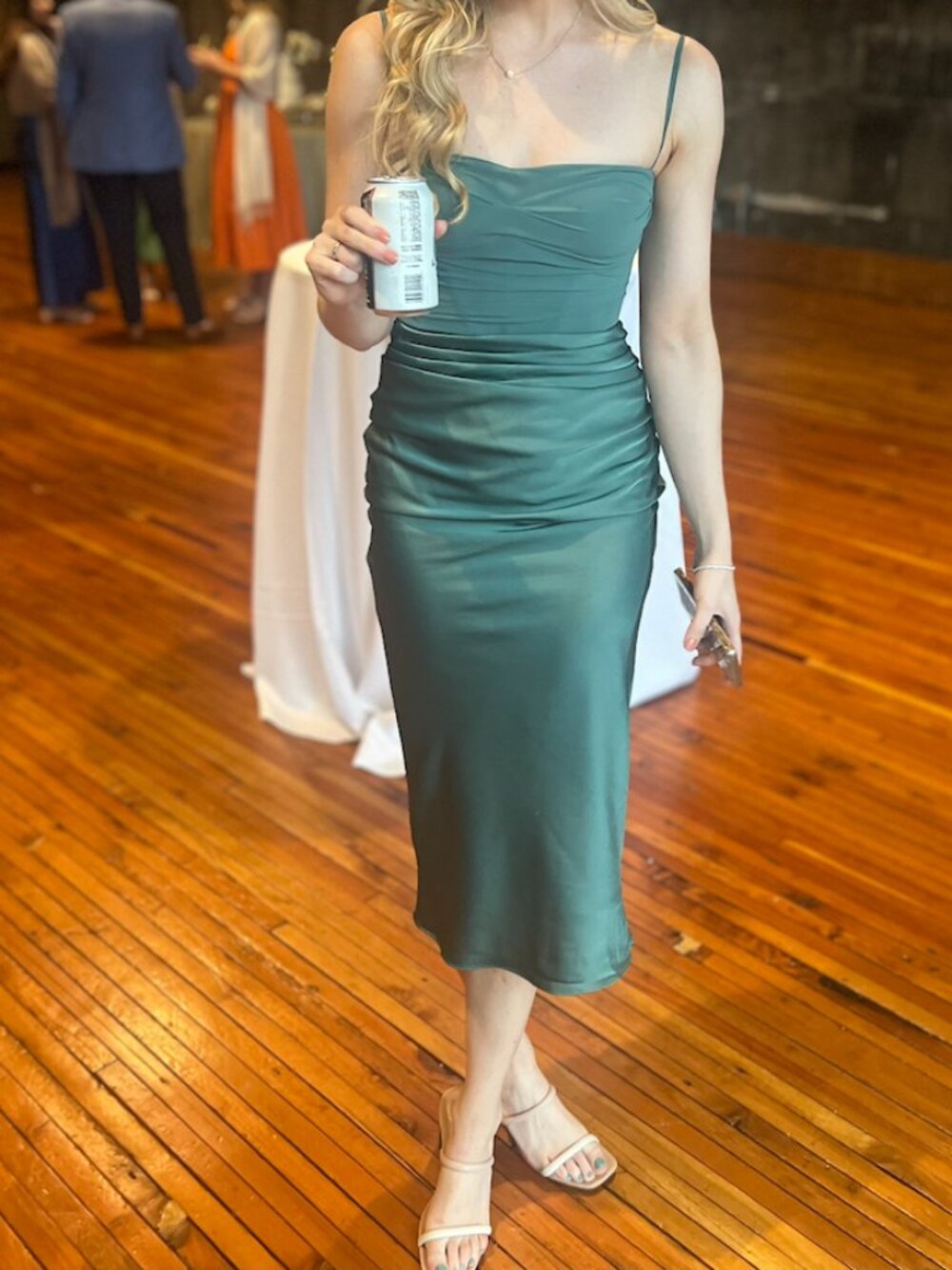 House of CB Teia Forrest Green Draped Satin Midi Dress, size Small